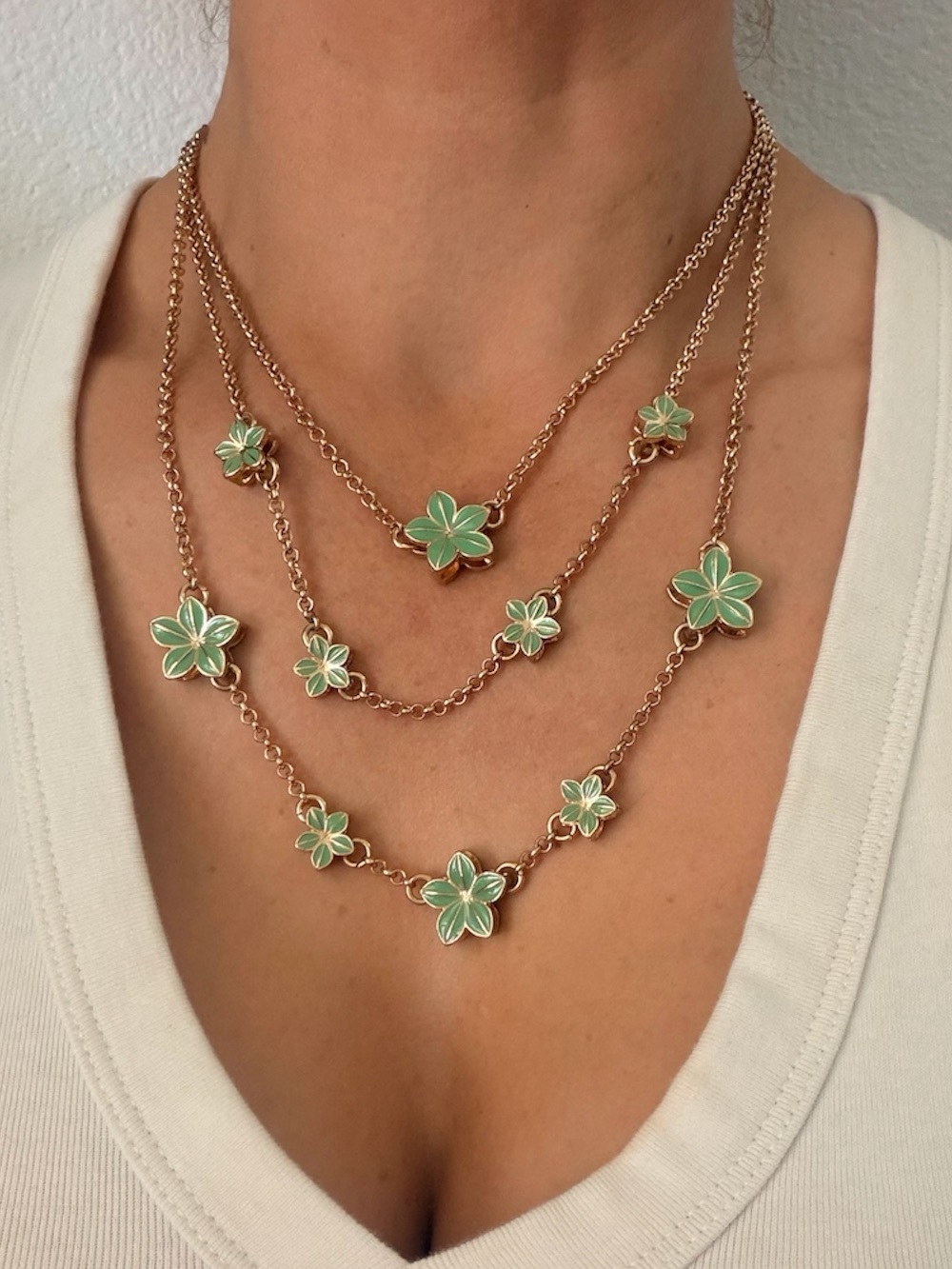 Cold Water Creek Gold Tone Chain Necklace with Mint Green Enamel Flower Charms